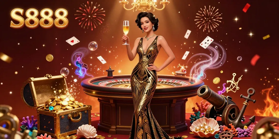 S888 introduces a glamorous casino atmosphere with an elegant woman celebrating amidst gold coins and sparkling games.