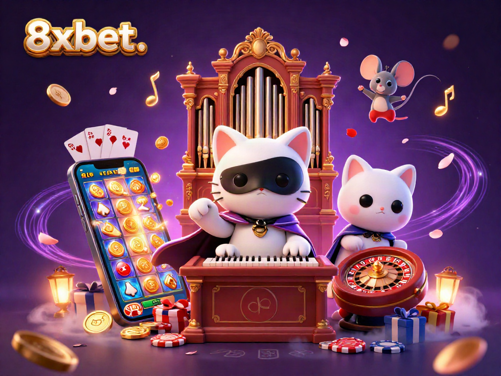 Spin vibrant slot reels and earn rewards with 8xbet. in this animated casino scene.