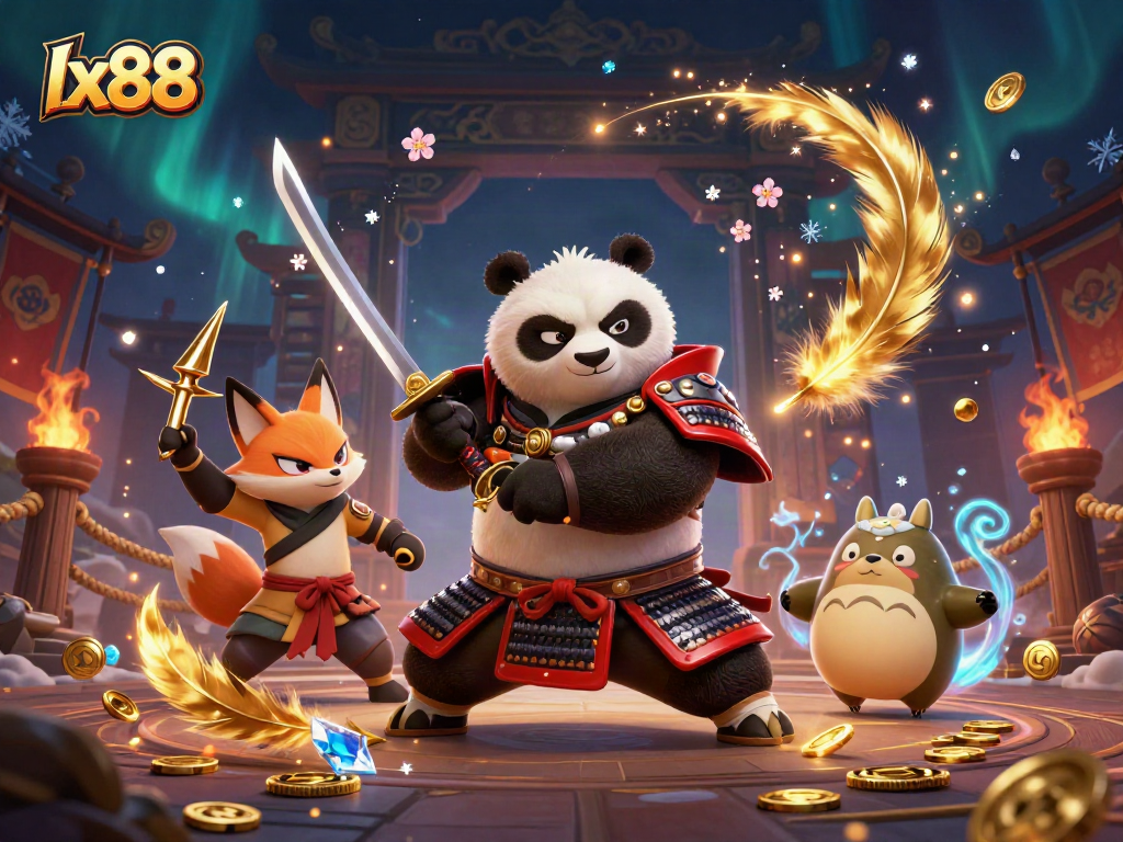 Experience thrilling gaming at lx88 with a fierce samurai panda and dynamic casino elements.