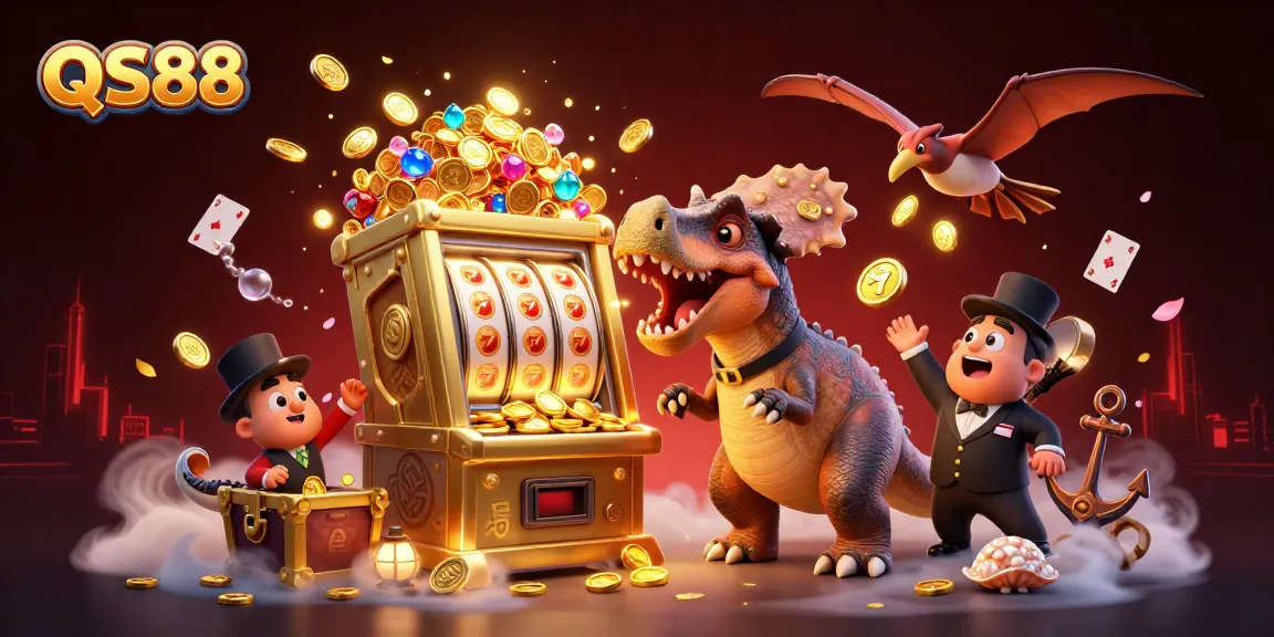 QS88 ignites excitement as a dinosaur hits a slot machine for a jackpot!
