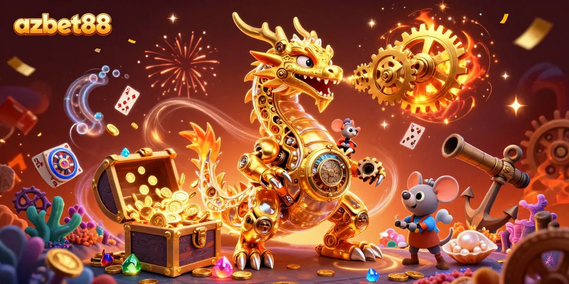 Experience thrilling gameplay at azbet88 with a 3D illustration showcasing golden dragon and vibrant casino elements.