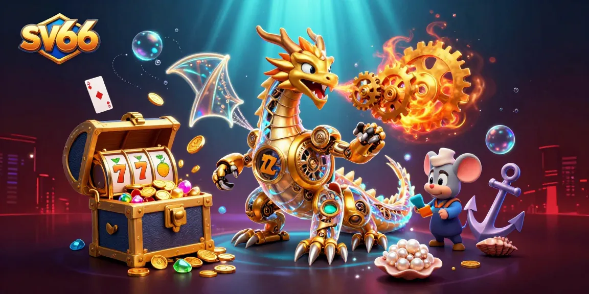 Engage in thrilling gameplay at sv66 with vibrant 3D casino art showcasing golden dragon and dynamic slot reels.