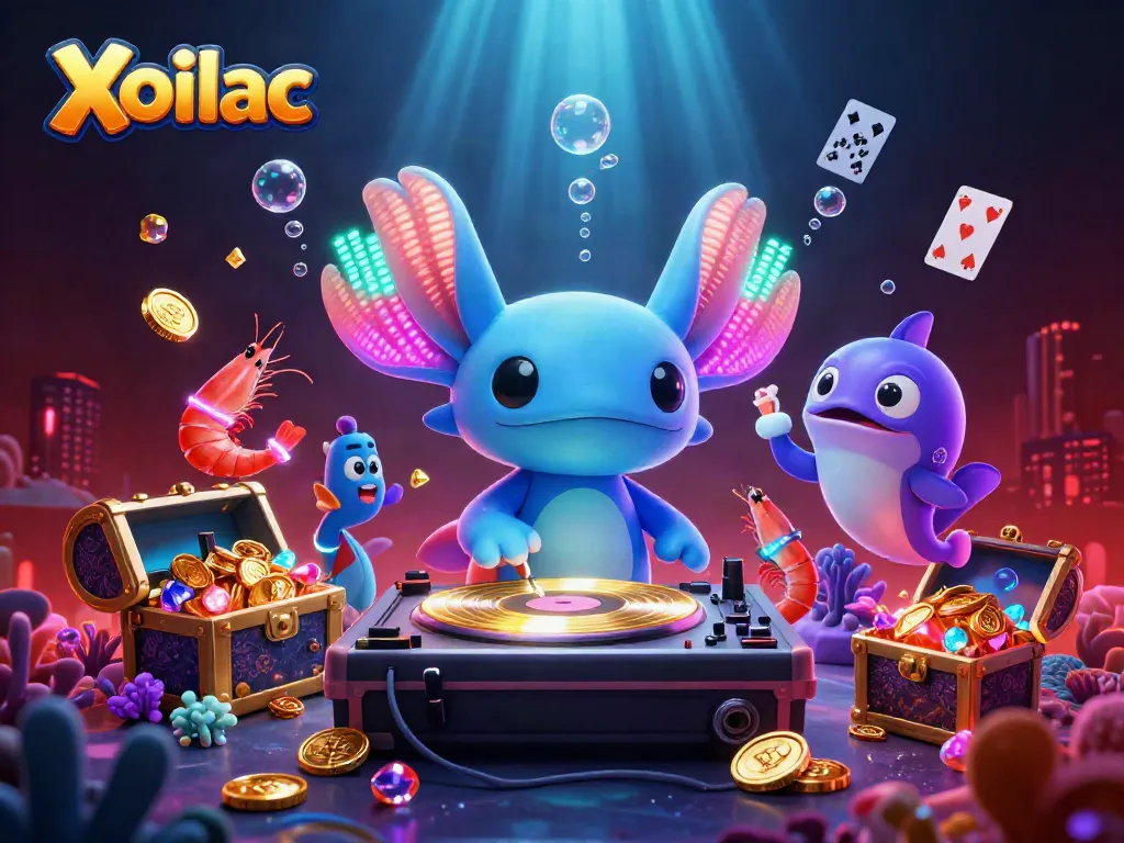 Xoilac offers an engaging underwater party scene with vibrant colors and energetic characters celebrating casino gaming.