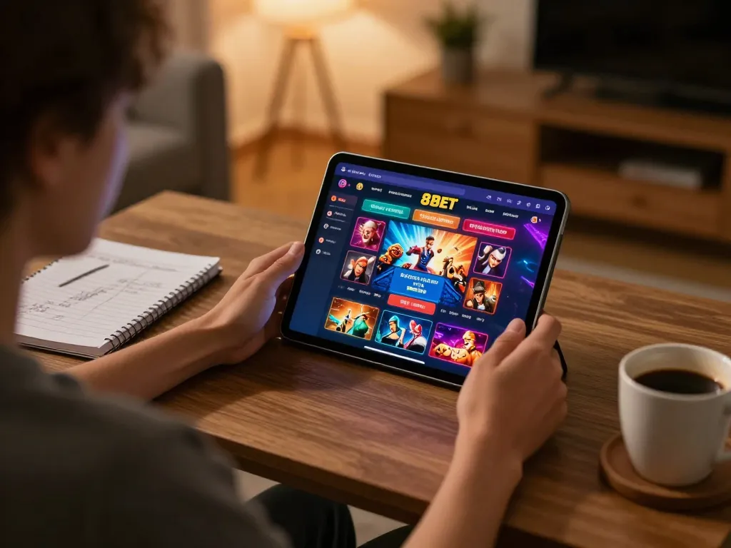 Player immersed in 88BET online casino gaming on tablet with strategic notes.