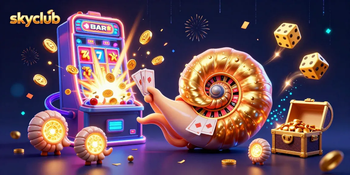 Engage with skyclub's vibrant casino world as a giant nautilus plays cards amidst jackpot celebrations.