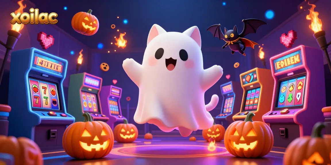 Engage with the vibrant xoilac casino-themed scene, featuring a ghost cat and bat in action amidst slot machines.