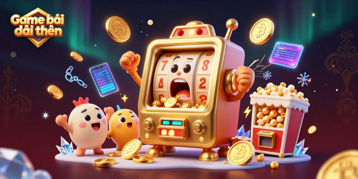 Engage with Game bài đổi thưởng as cartoon slot machines celebrate winning coins in a vibrant casino scene.