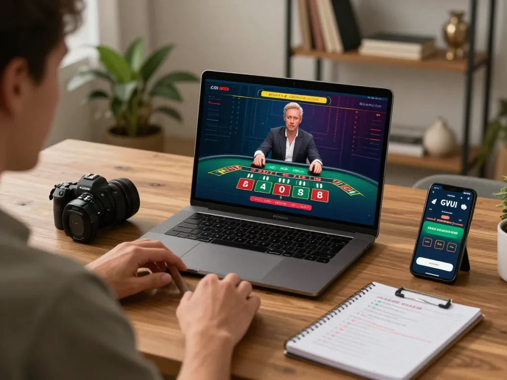 Player engaging with GVUI live dealer Baccarat on laptop, showcasing immersive home gaming experience