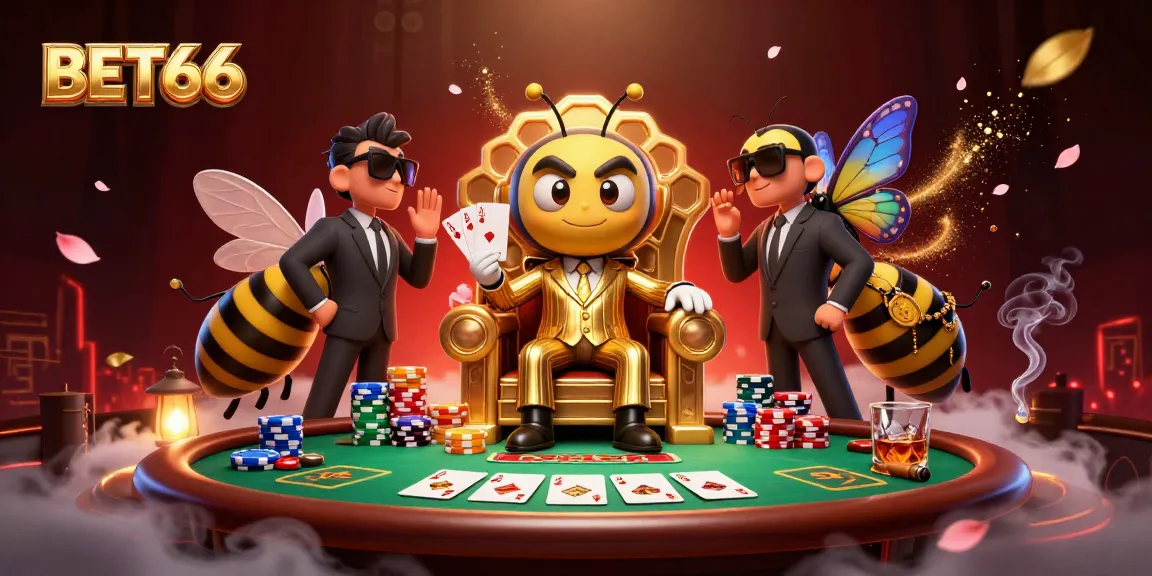 Watch the BET66 mob boss and his elite guard in a vibrant 3D casino scene with poker action and treasures.