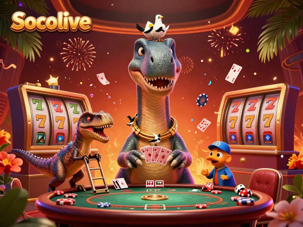Socolive showcases a vibrant 3D casino scene with tall brontosaurus and clever raptor, engaging gamblers.