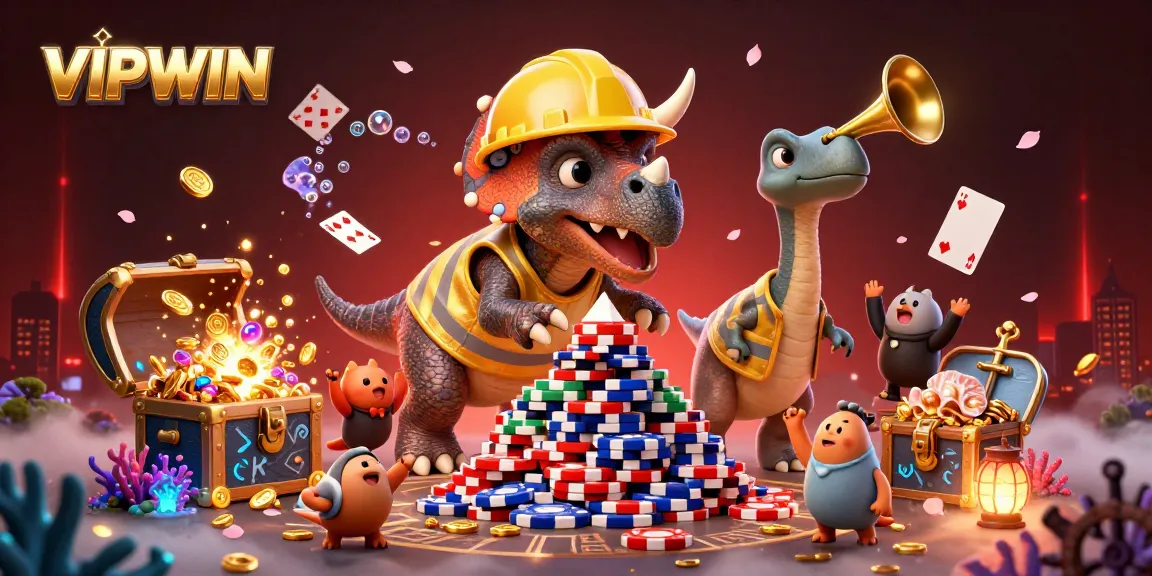 Win big with VIPWIN in this vibrant casino scene featuring a triceratops and celebrations.