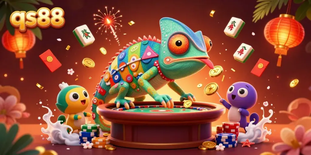 Experience the thrill of qs88 gaming with vibrant chameleon casino owner, coins, and exciting festivities.