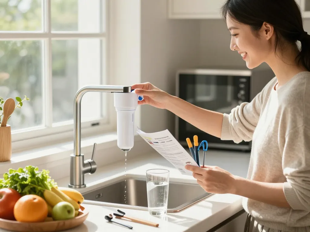 Förbättra vattenkvaliteten med https://vattenfilterspecialisten.se/vattenfilter/vattenfilter-kran/ kranfilterinstallation i ett ljust kök.