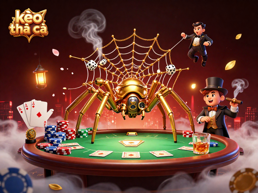 Catch the excitement with kèo nhà cái as a steampunk spider weaves a web of golden chains and dice.
