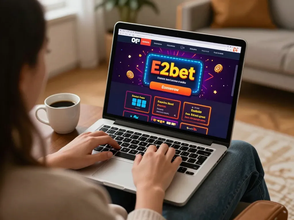 E2bet user engaging in online casino gaming on a laptop at home, highlighting a cozy atmosphere and strategic involvement.