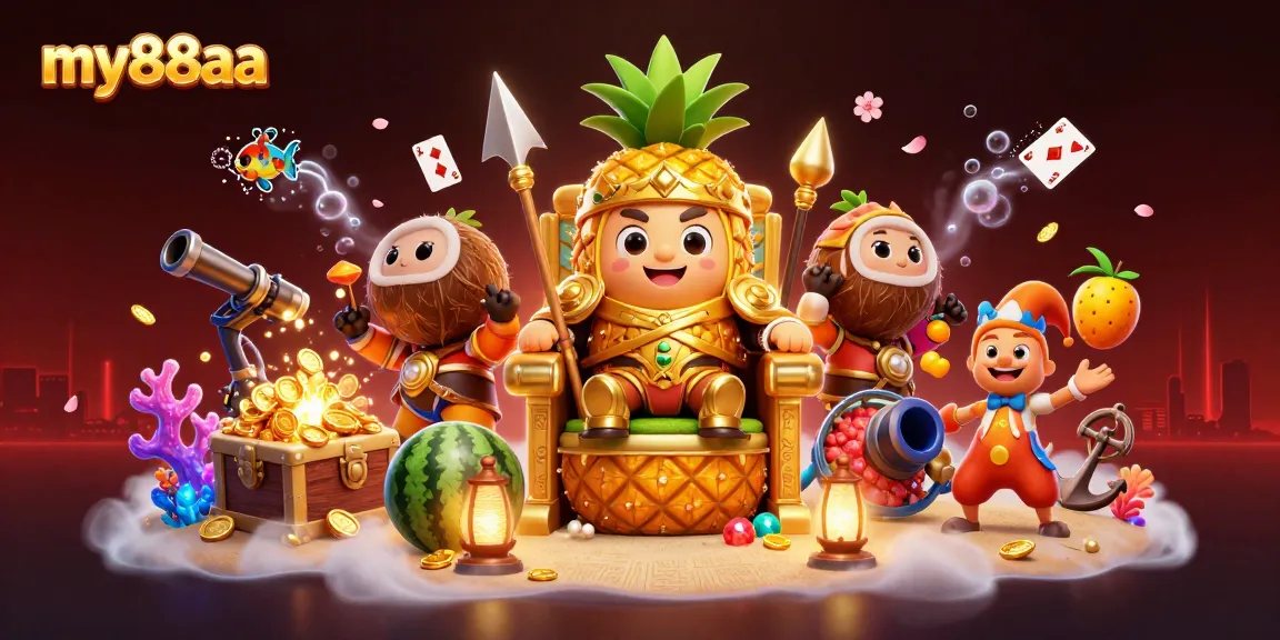 Experience excitement in my88aa's vibrant casino scene featuring a golden pineapple king and colorful game elements.