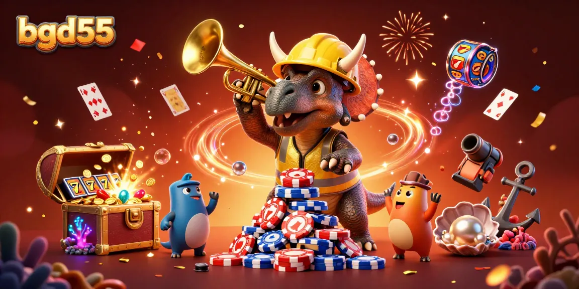 Engage with bgd55 in this vibrant casino scene featuring a triceratops building poker chip towers.