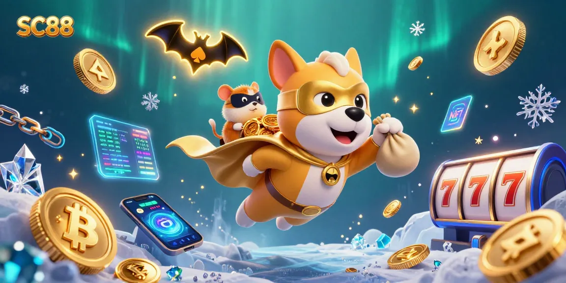 SC88 showcases a superhero dog and sidekick in a vibrant casino scene filled with coins and crypto.