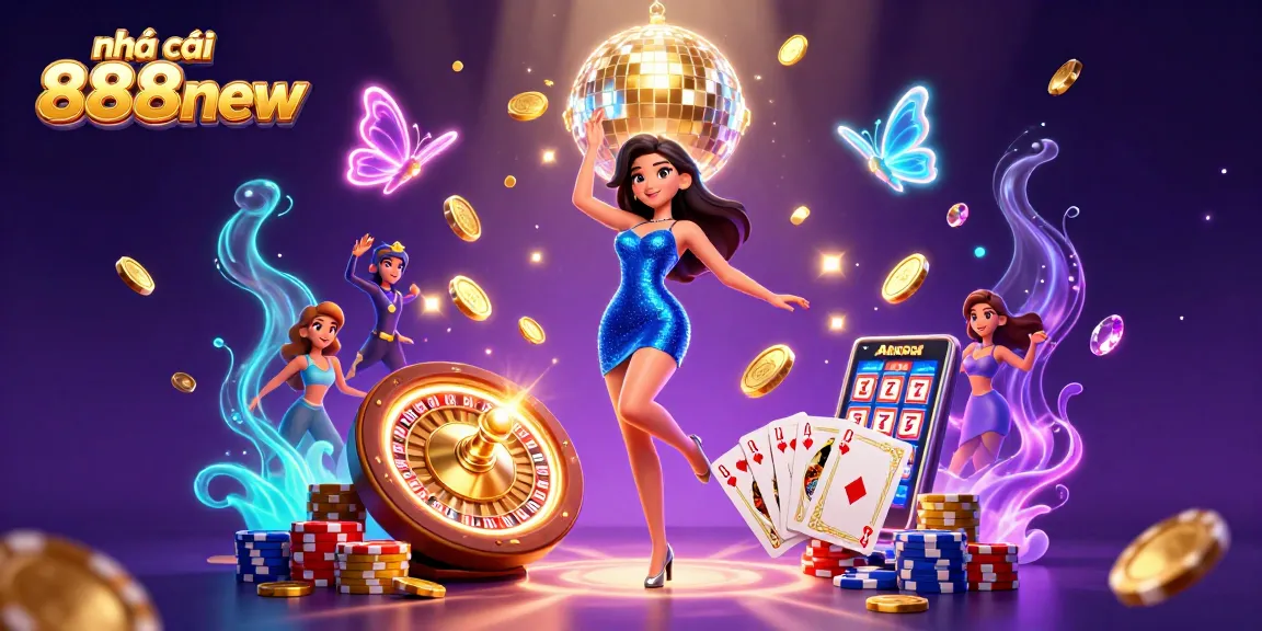Experience the energy of gambling with nhà cái 888new in this vibrant 3D illustration showcasing slots, roulette, and poker elements.