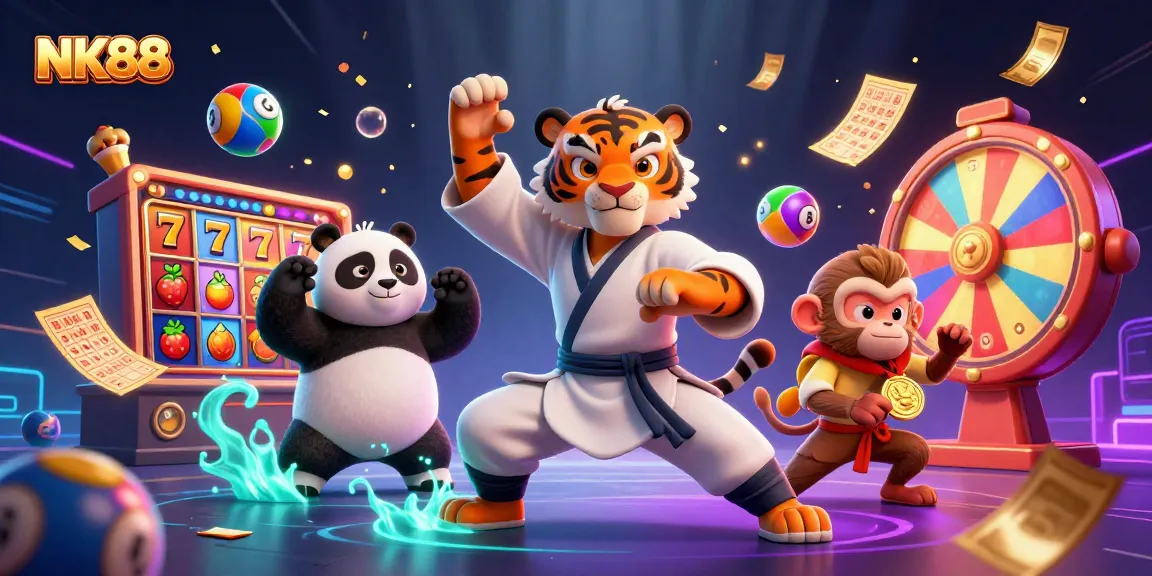 Experience thrilling slots with NK88, where a tiger master and panda disciple celebrate winning moments!