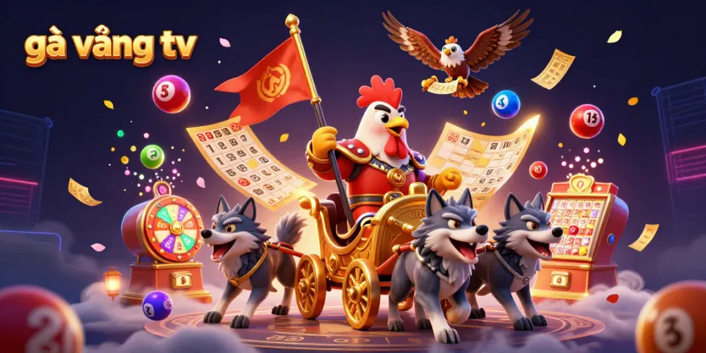Engage with gà vàng tv in an epic 3D cartoon illustration showcasing a rooster warlord and dynamic gambling elements.