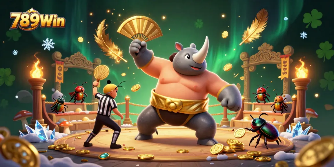 Captivating 3D scene showcasing 789Win's gaming excitement with a beetle champion amidst golden coins and vibrant casino elements.