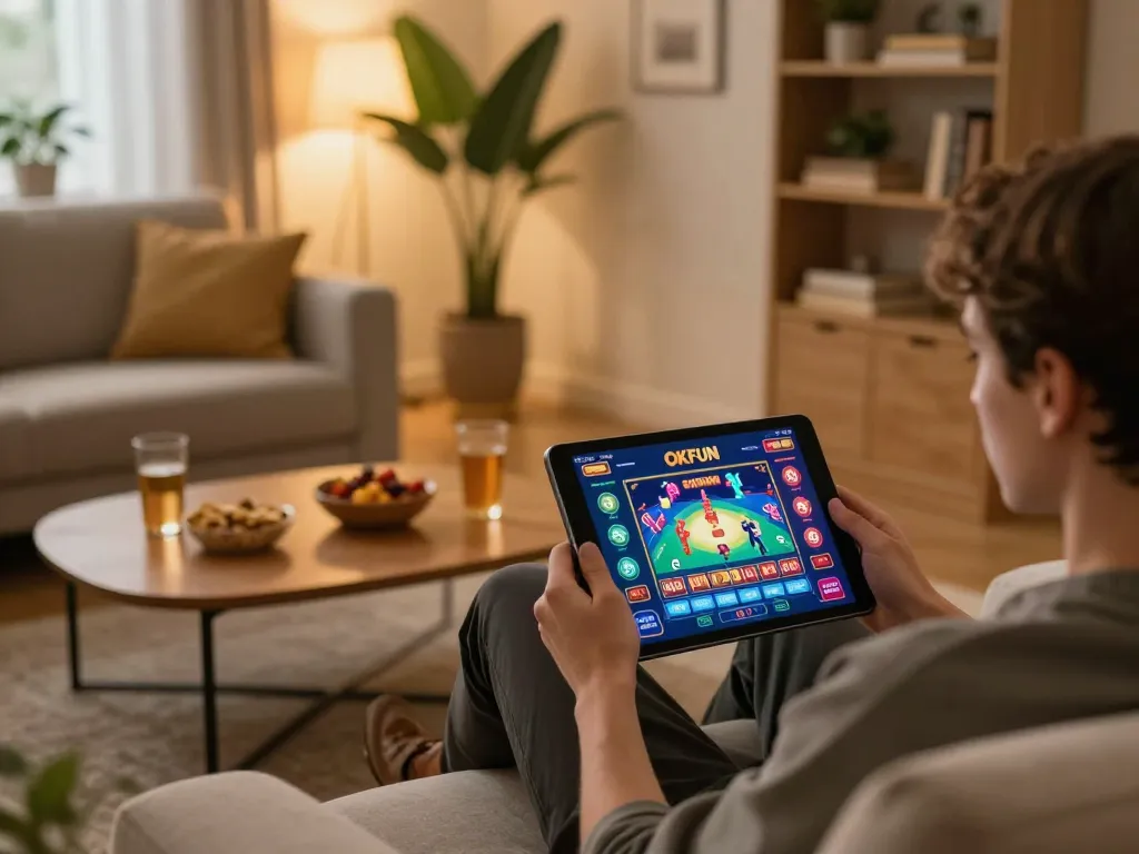 Engaging with the OKFUN casino app while seated comfortably at home, highlighting online gaming experience