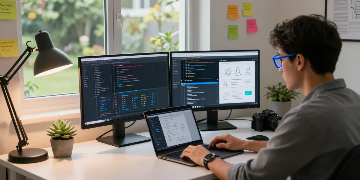 Modern arbetsmiljö med antidetect browser fokus, kodning och kreativitet.