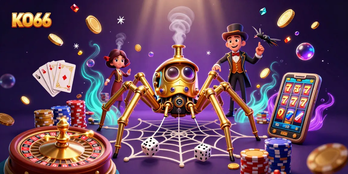 Engage with stunning KO66 gaming action showcasing lucky reels, coins, and a steampunk spider web.