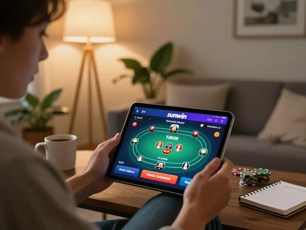 Player engaging in the sunwin app for online poker, showcasing a strategic gaming setup at home