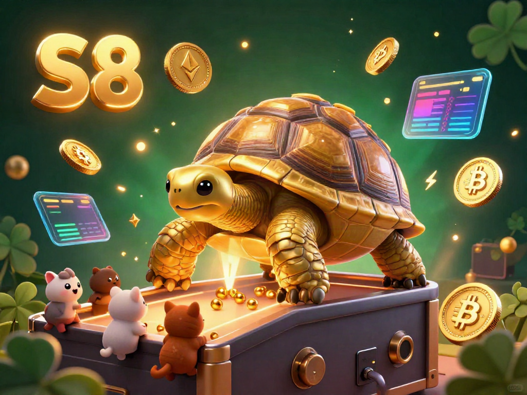 Experience vibrant gameplay at S8 with a tortoise pinball and crypto elements in this online casino illustration.