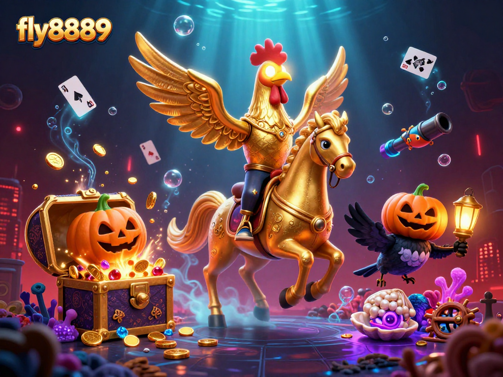 Experience the thrill of gaming with fly8889 in a dynamic casino scene featuring a golden rooster and treasures.