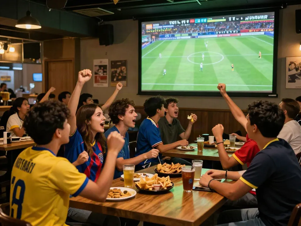 Fans enjoying a live match on Gà Vàng TV in a vibrant sports bar.