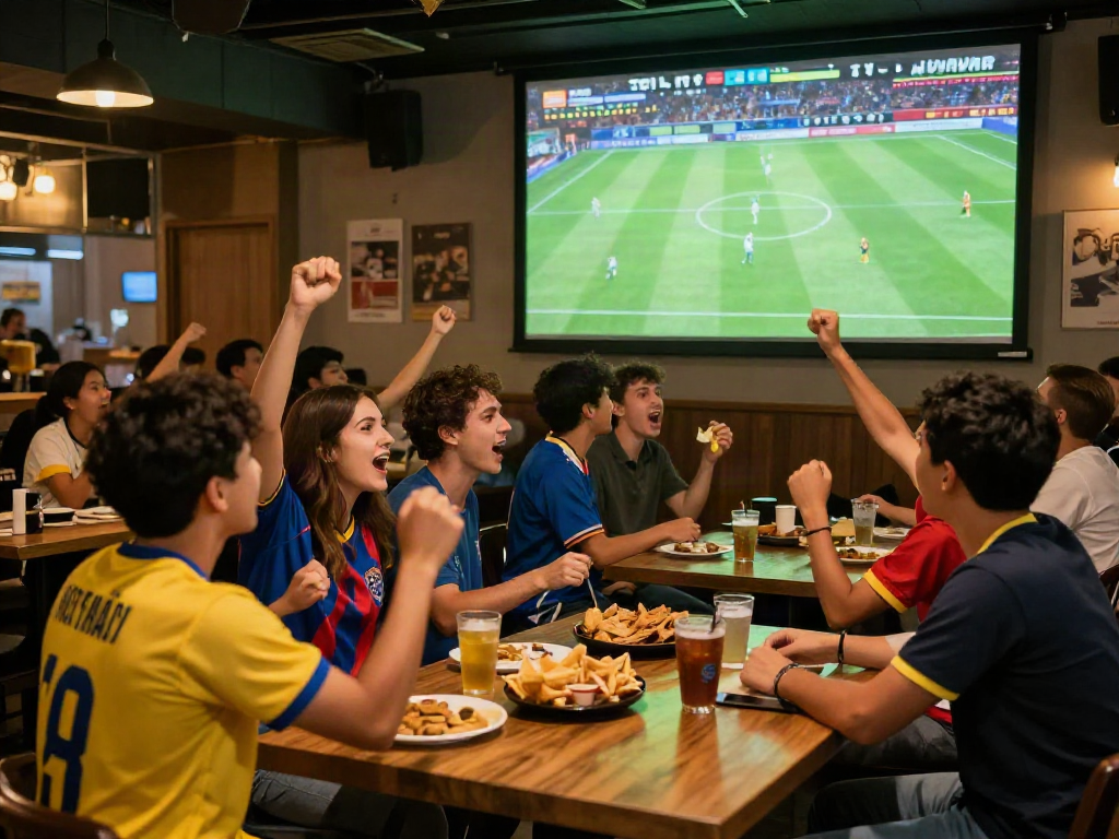 Fans enjoying a live match on Gà Vàng TV in a vibrant sports bar.