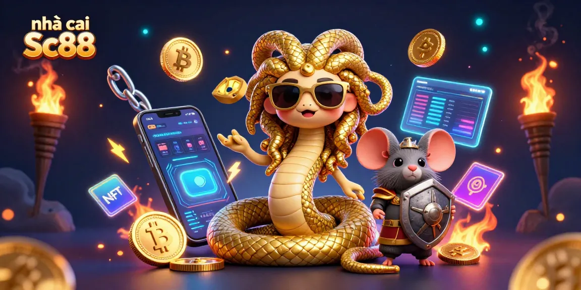 Win big at nhà cái Sc88 with vibrant 3D illustration featuring Medusa and a warrior mouse amidst cryptocurrency excitement.