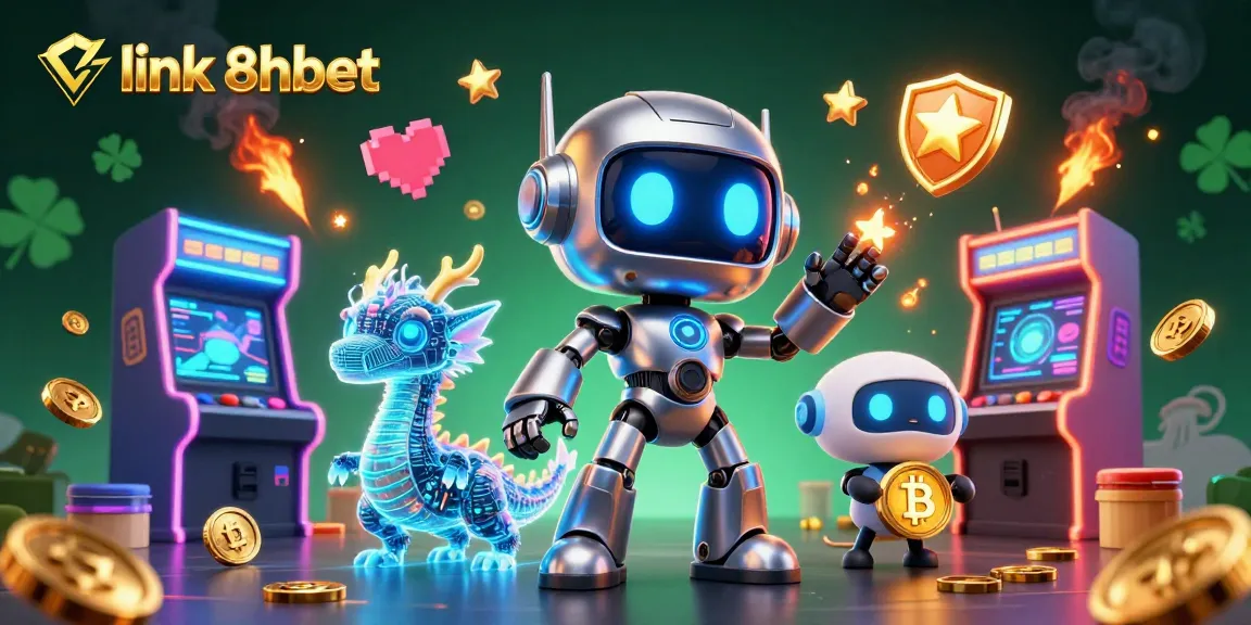 Engage with link 8xbet at the vibrant cyberpunk casino featuring our robot, dragon, and drone companions.