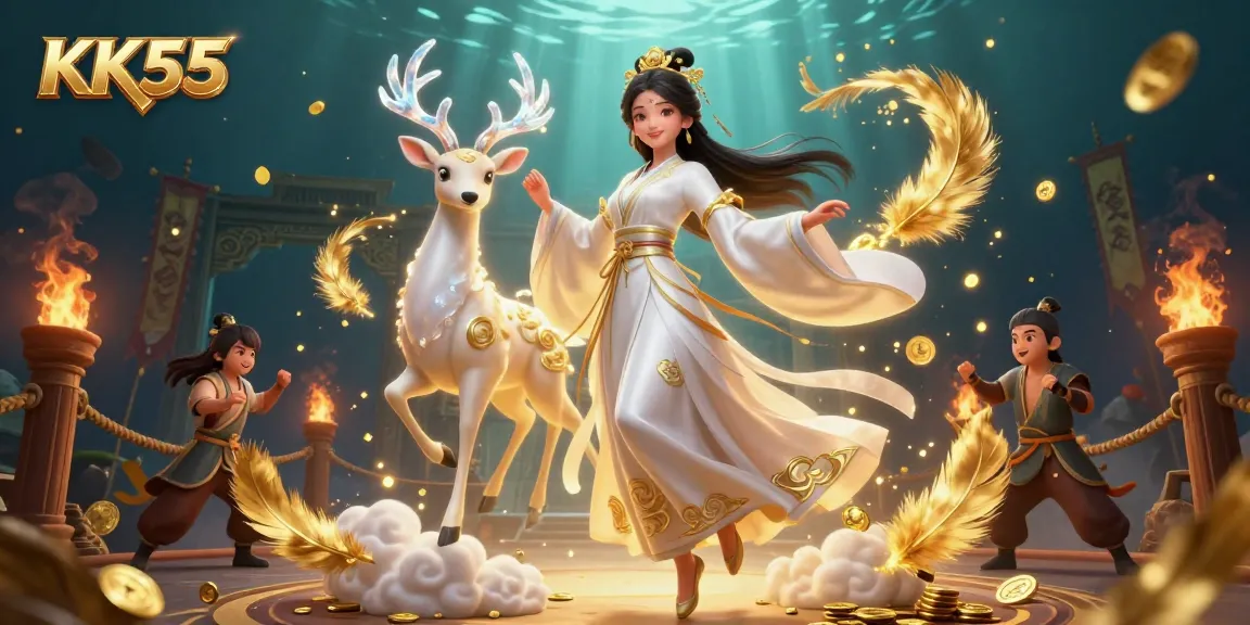 Engage in thrilling games at KK55, surrounded by swirling golden coins and enchanting visuals.