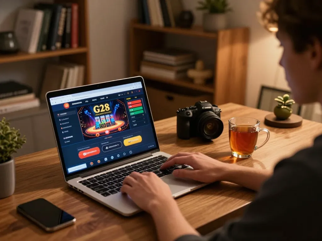 Person enjoying online gaming at G28 platform with a cozy home setting
