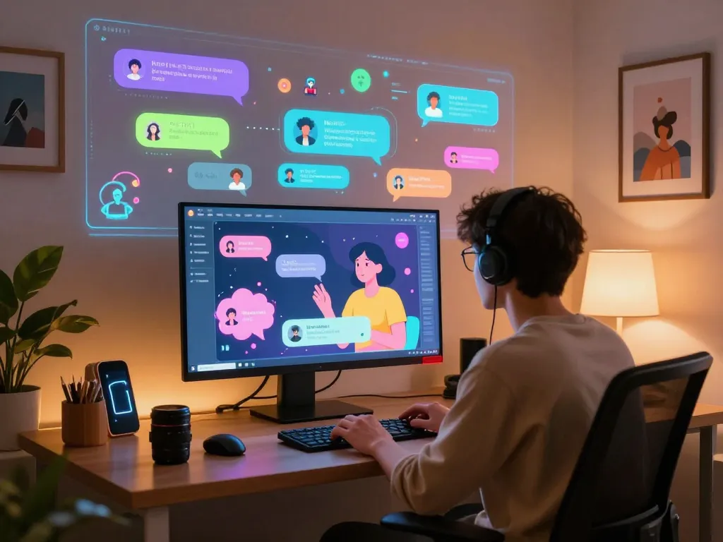 Engaging scene of a user enjoying ai 18+ chatbot interactions featuring vibrant holographic visuals.