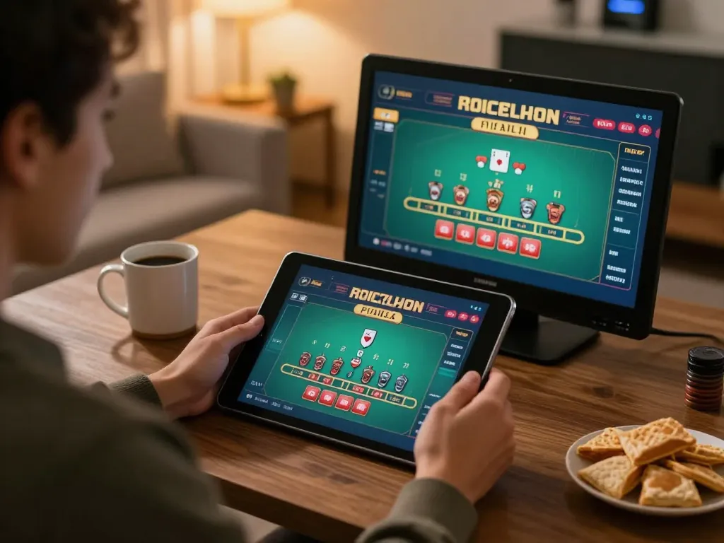 Engaging in online blackjack at https://w188.bid/ with a tablet, cozy atmosphere, and strategic gameplay.