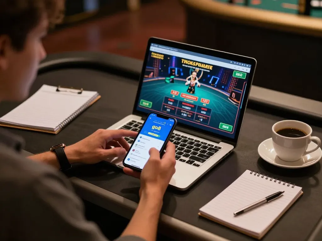 Person immersed in roulette gameplay on go8 com app while taking notes during an online session