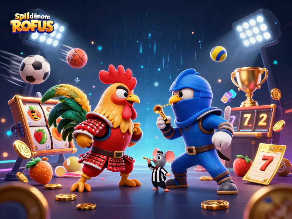 Experience the thrill of spil uden om ROFUS with an action-packed illustration of roosters in battle, highlighting dynamic casino elements.