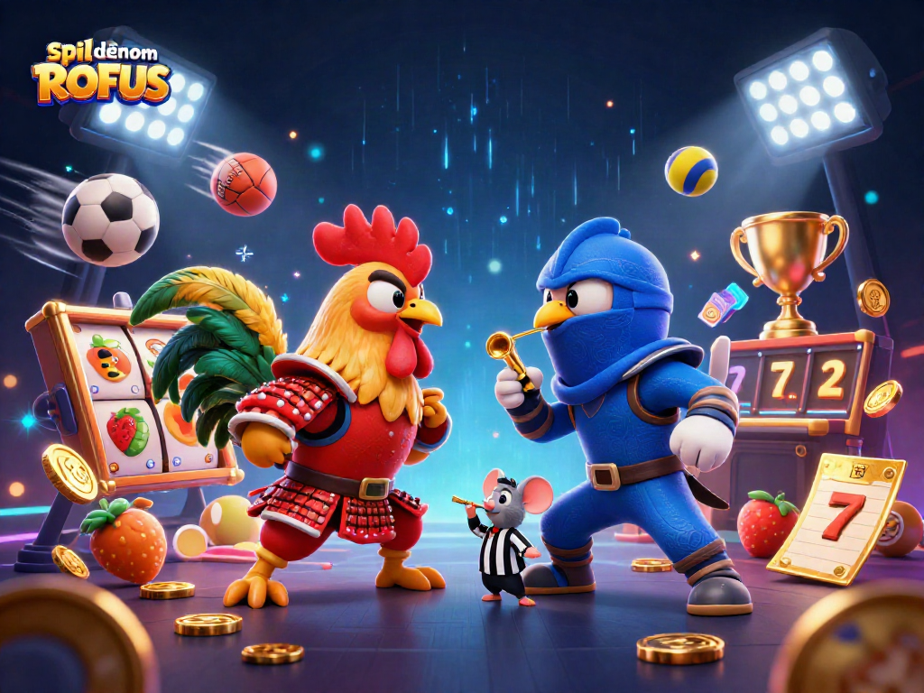 Experience the thrill of spil uden om ROFUS with an action-packed illustration of roosters in battle, highlighting dynamic casino elements.