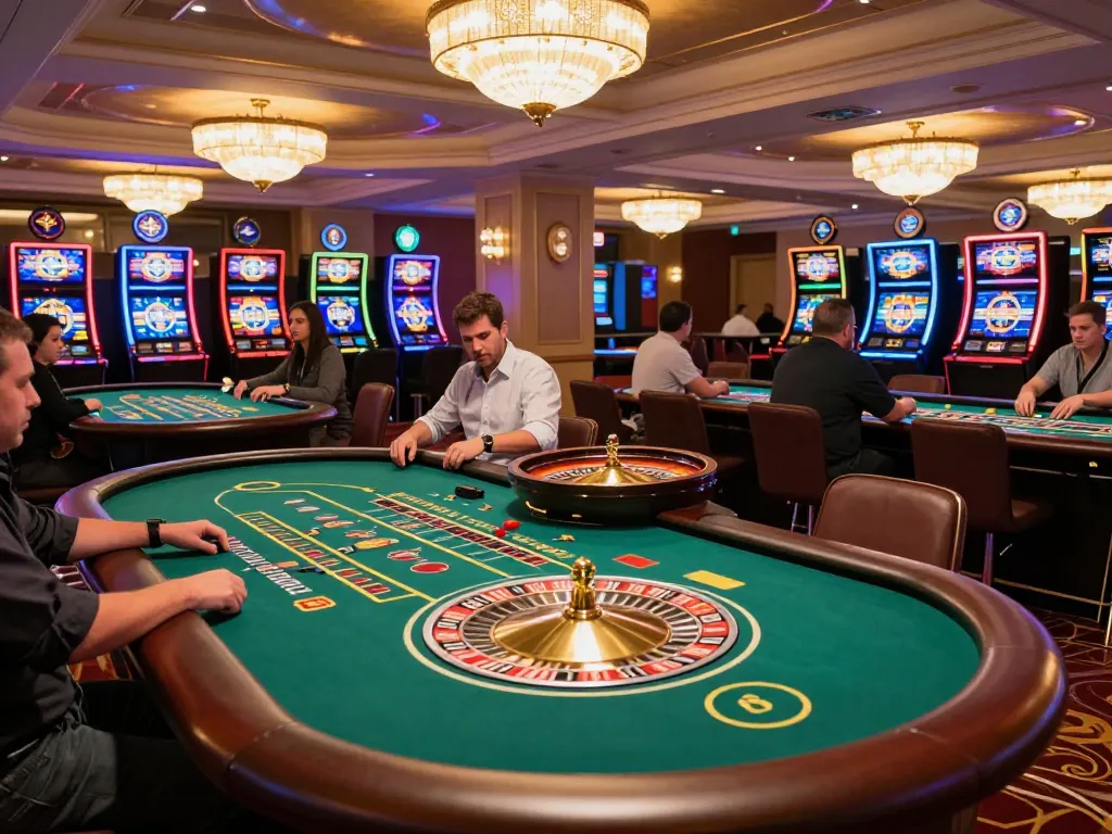 Dynamiskt spelande på ett casino utan licens med spelare engagerade vid olika spelbord under stämningsfull belysning.