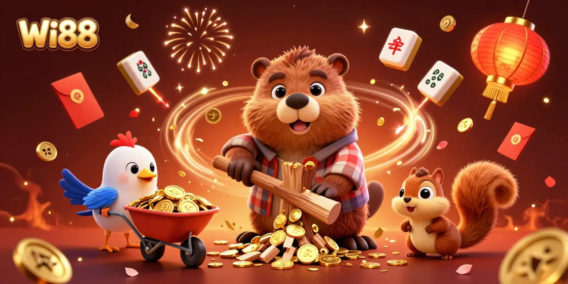 Experience thrilling gameplay with Wi88 while winning gold from a beaver collector in a festive 3D scene.