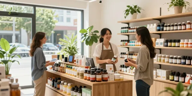 Vxperten health and wellness shop displaying organic products with friendly staff.