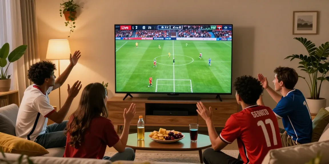 CakhiaTV live football streaming with friends enjoying a match in a cozy living room setting.