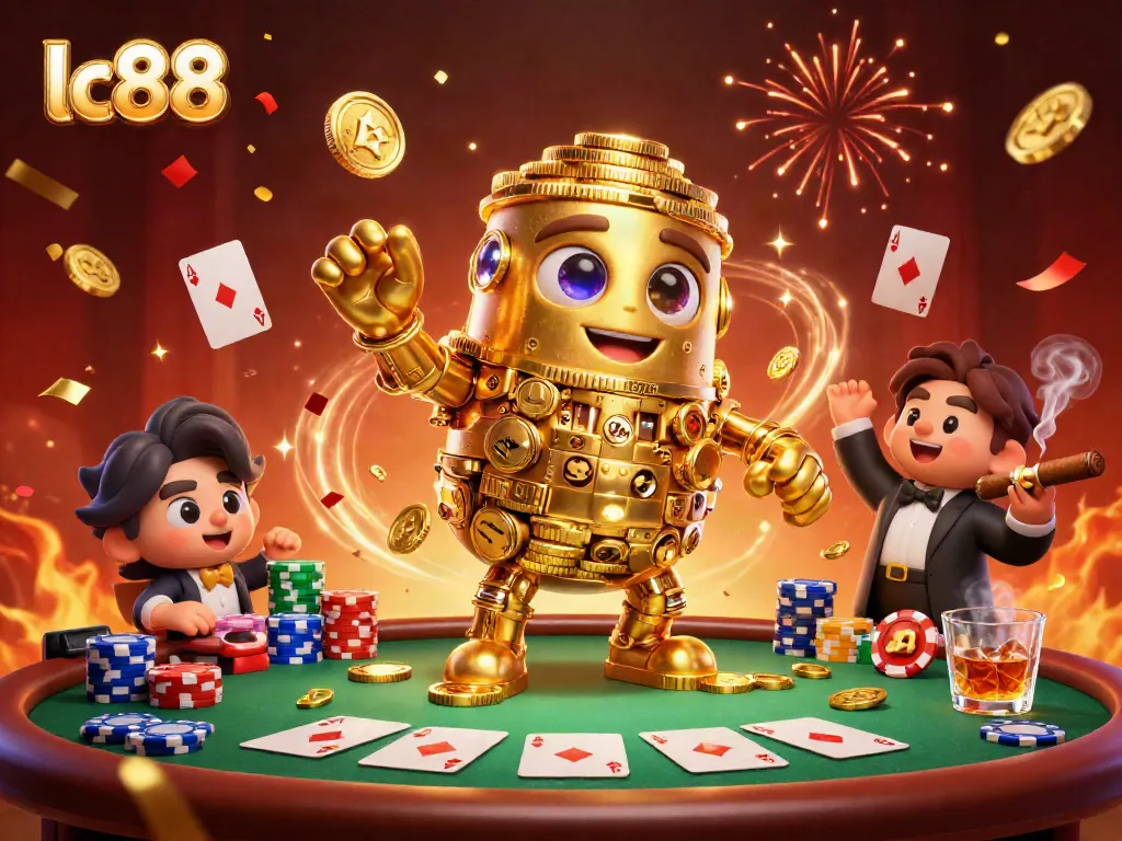 Experience excitement at lc88 casino with a golden golem and poker table in vibrant detail