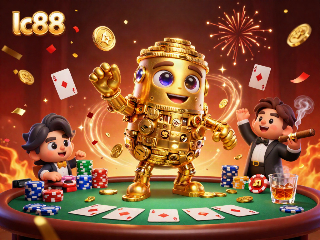 Experience excitement at lc88 casino with a golden golem and poker table in vibrant detail