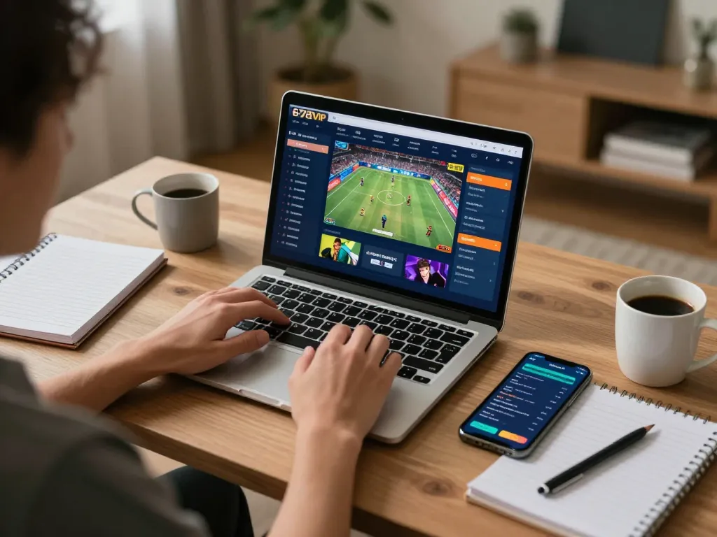 A male user placing a bet on 678vip's platform using a laptop, showcasing an engaging online sports betting experience.